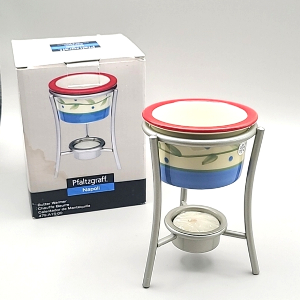 Pfaltzgraff Butter Warmer with Cup & Metal Stand Napoli Stoneware, NIB